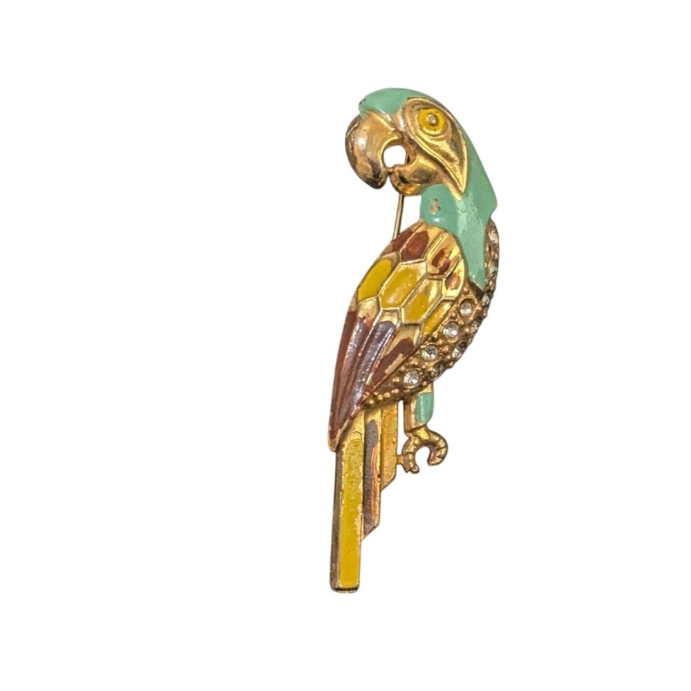 Vintage Parrot Bird Brooch Enamel Rhinestone Gold Tone Tropical Animal Pin 2"
